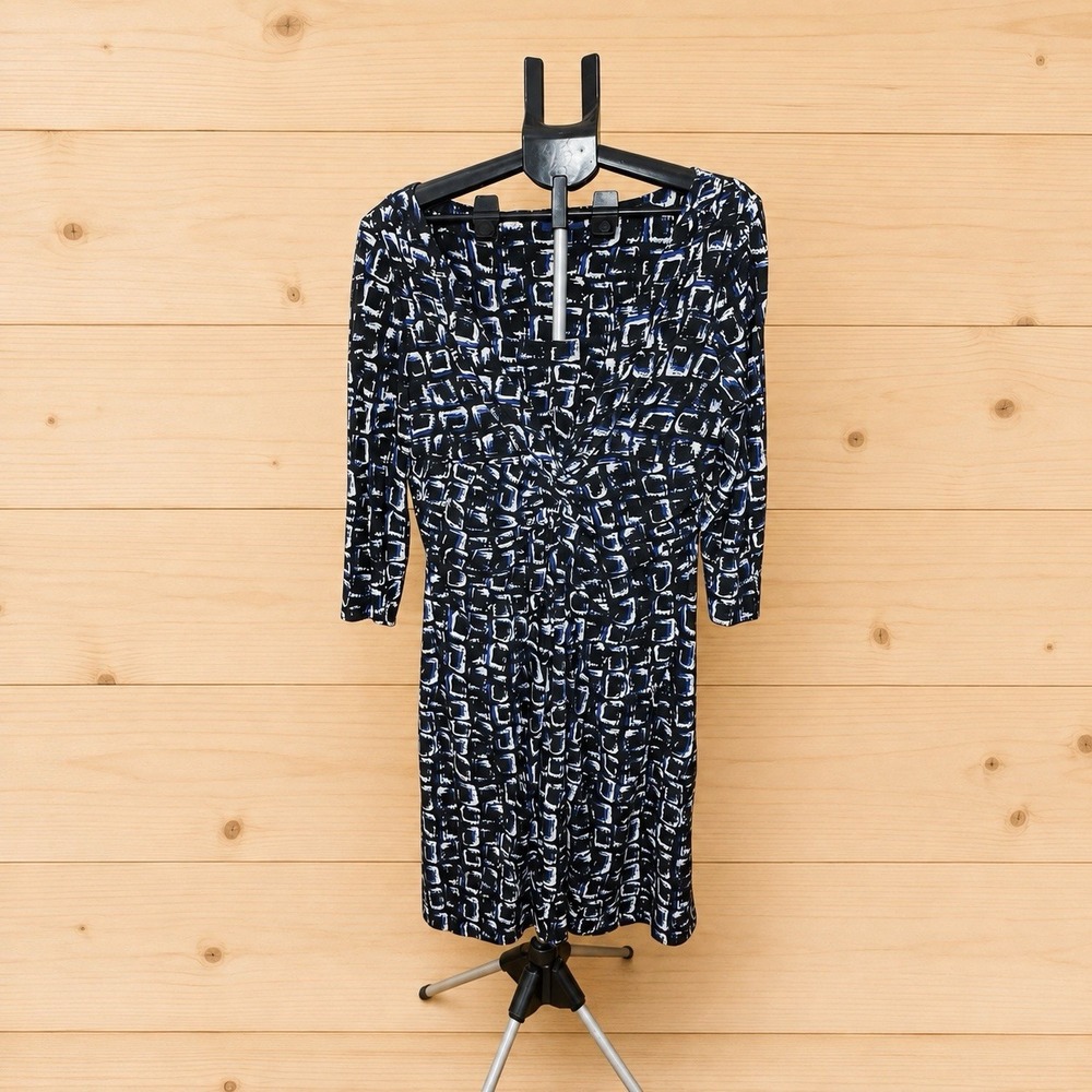 Chaps Women's XL Blue Black Abstract Print Twist Front Dress 3/4 Sleeves[W]